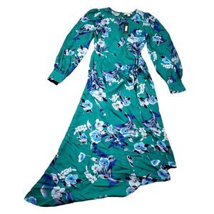 Yumi Kim Green Blue Floral Long Sleeve Midi Asymmetric Hem Dress Size Small
